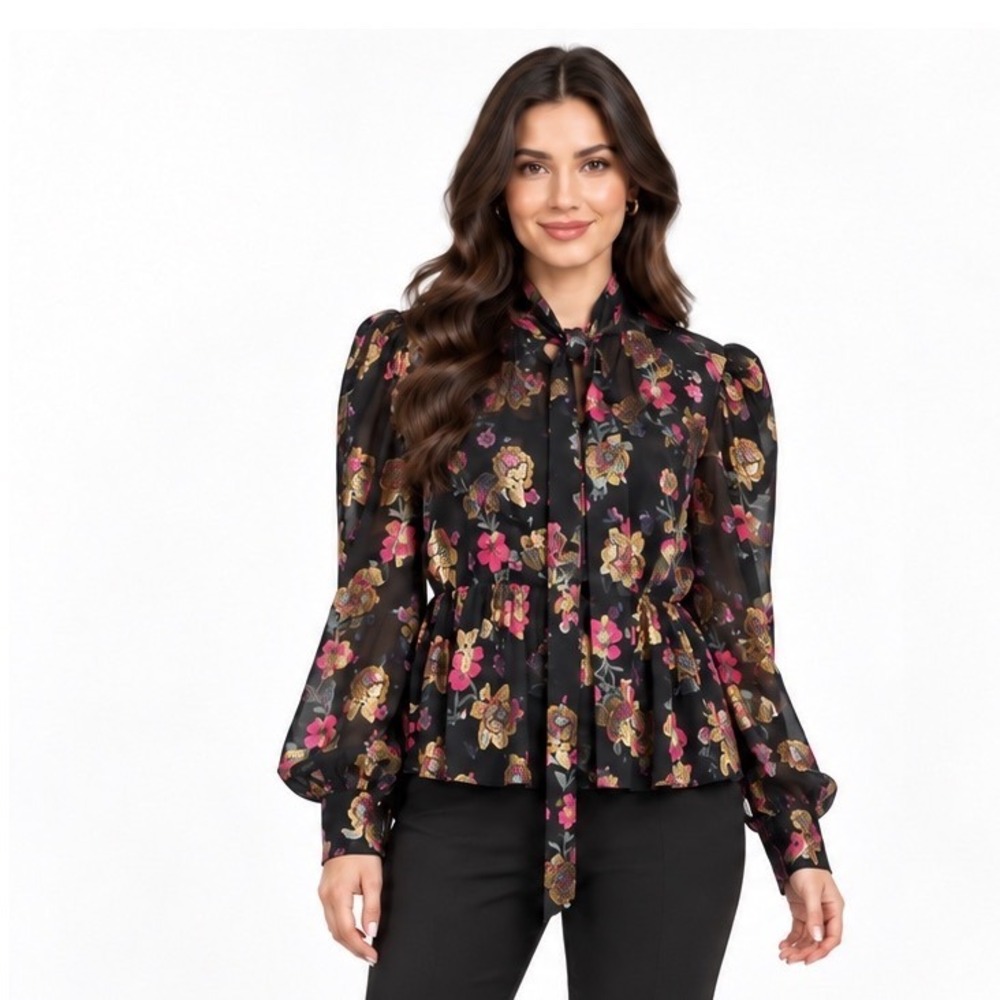 Zara Black Floral Metallic Tie Neck Puff Sleeve Peplum Blouse M Classy 119-43